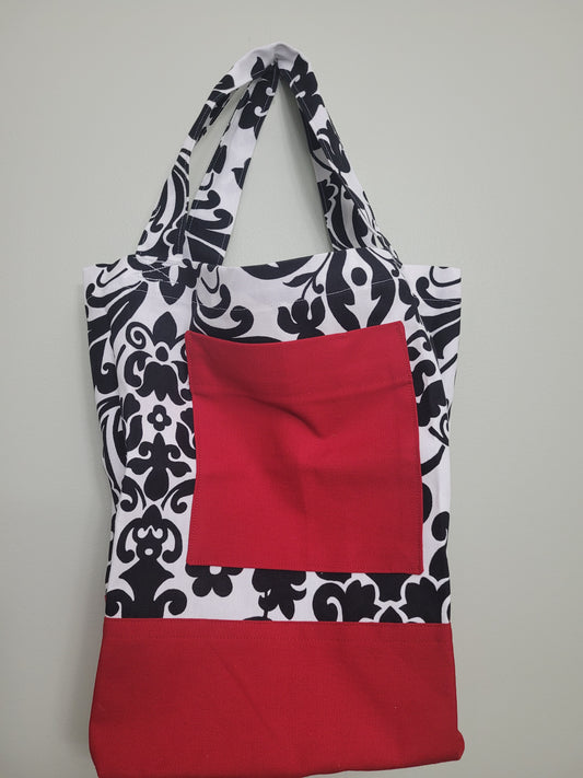 White/Black Damask with Red Shopping Tote